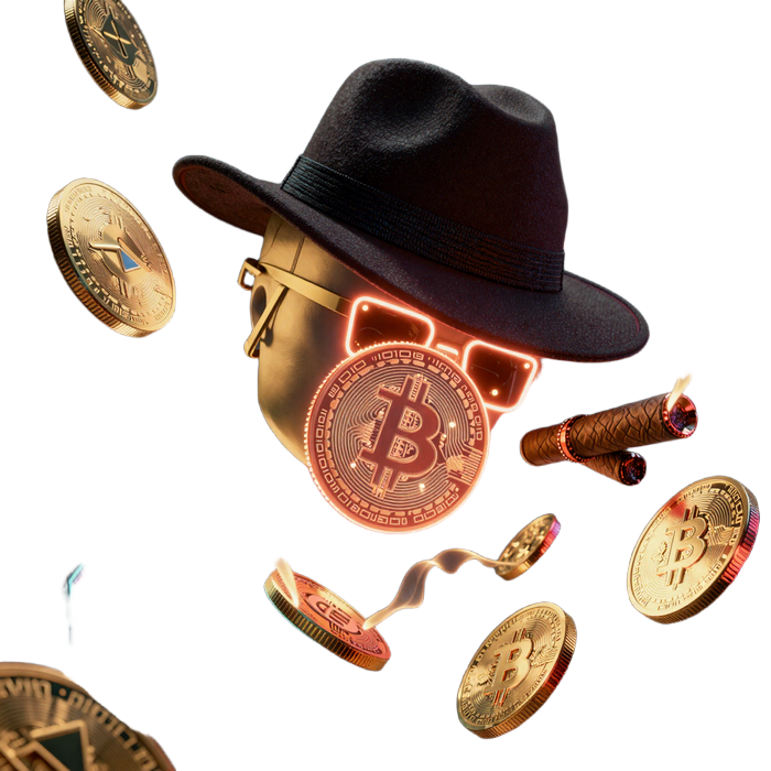 BTC ETH USDT Krypto Logos im Mafia Zigarrenrauch mit 0x Wagering Badge